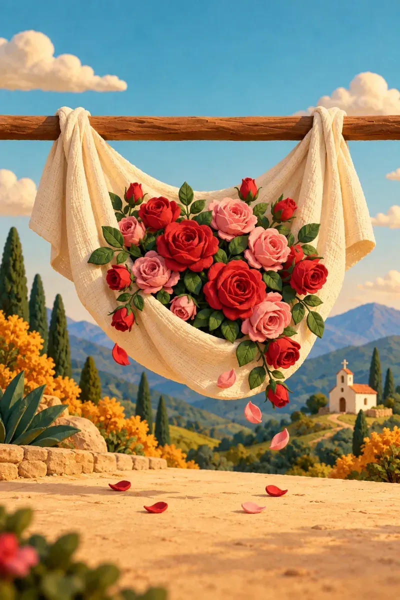Una tilma blanca llena de rosas, colgada al sol frente a las montañas